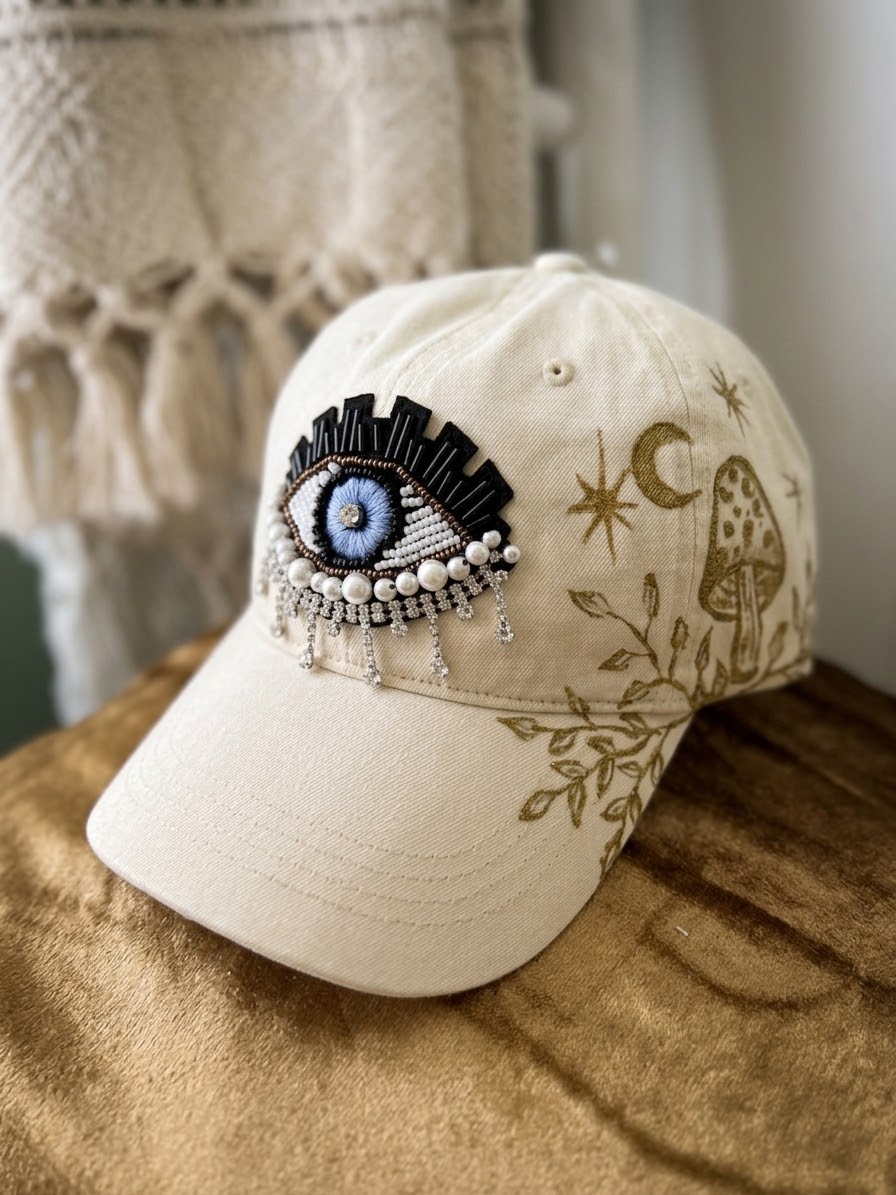Cachucha blanca con ojo turco y detalles dorados